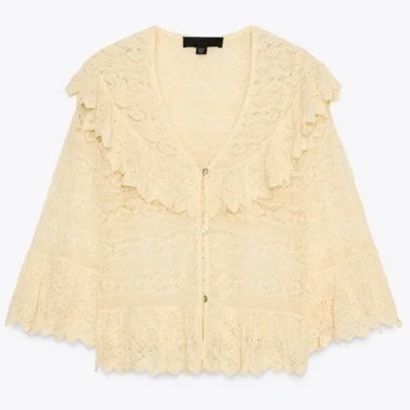 ZARA POINTELLE KNIT RUFFLED BLOUSE NWT - Picture 4 of 6